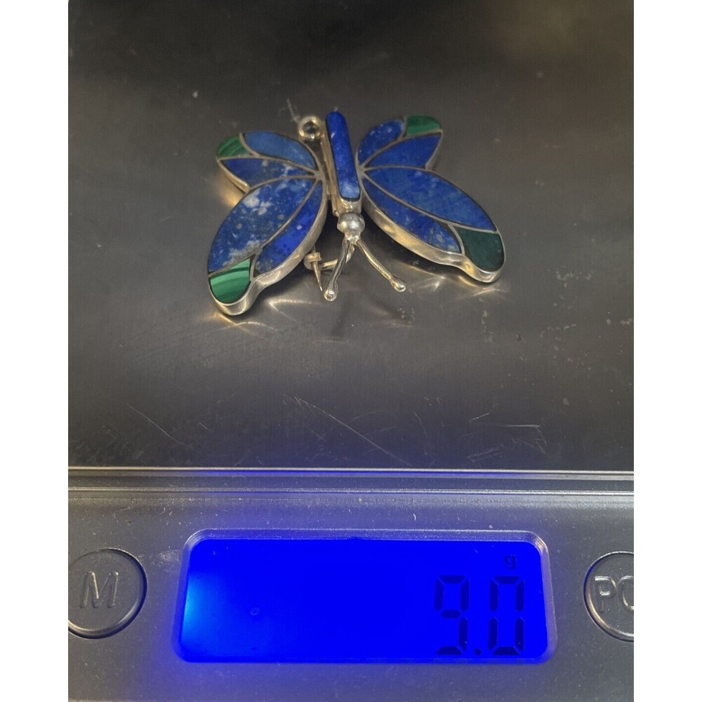 STERLING SILVER LAPIS LAZULI,MALACHI TE BUTTERFLY BROOCH,MOVABLE WINGS